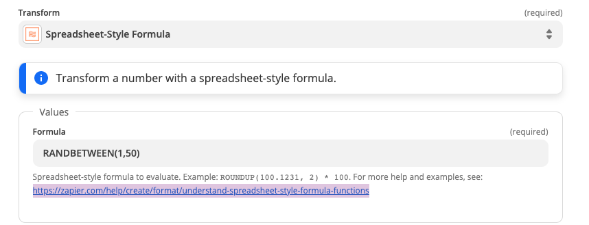 The RANDBETWEEN formula typed into the Formula field. 