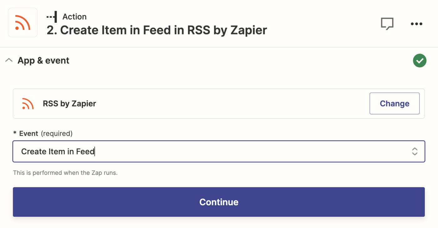 A screenshot of the setup for an RSS by Zapier action step in the Zapier editor.