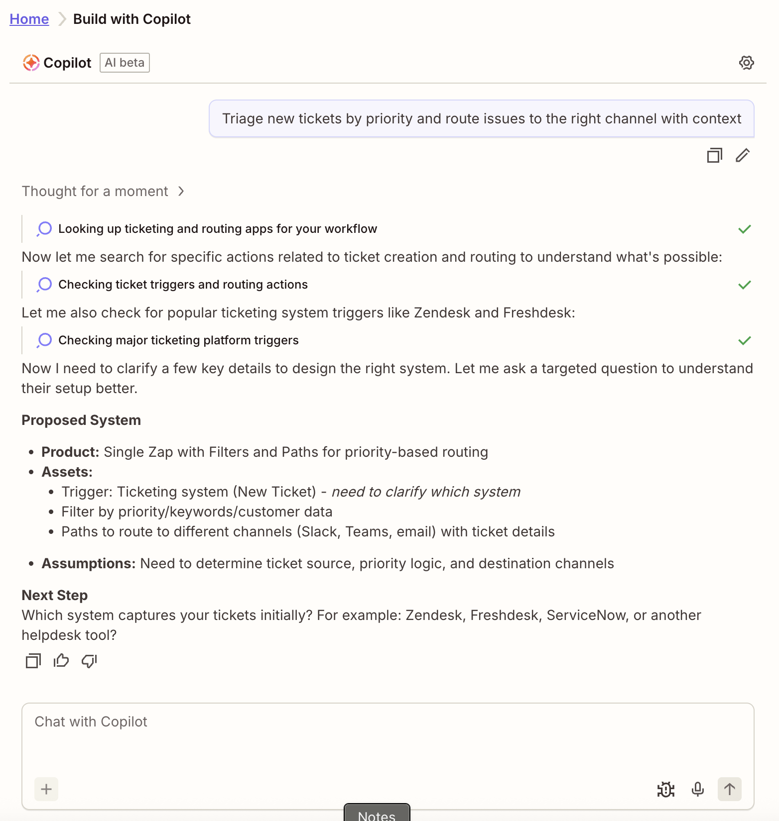 A conversation with Zapier Copilot where the user is asking about a ticket triage system and Copilot is replying with a proposed system