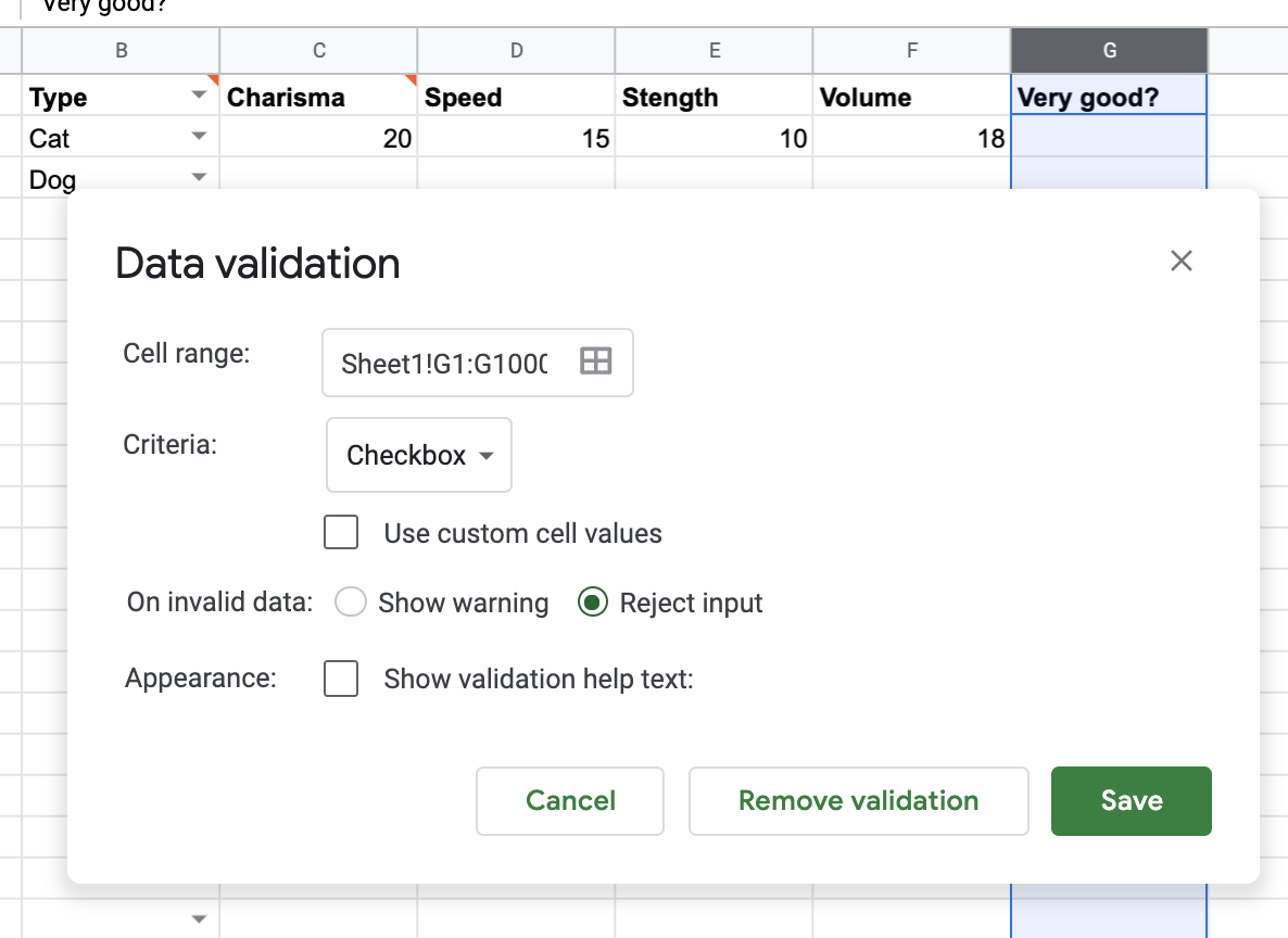 Checkbox for data validation in Google Sheets