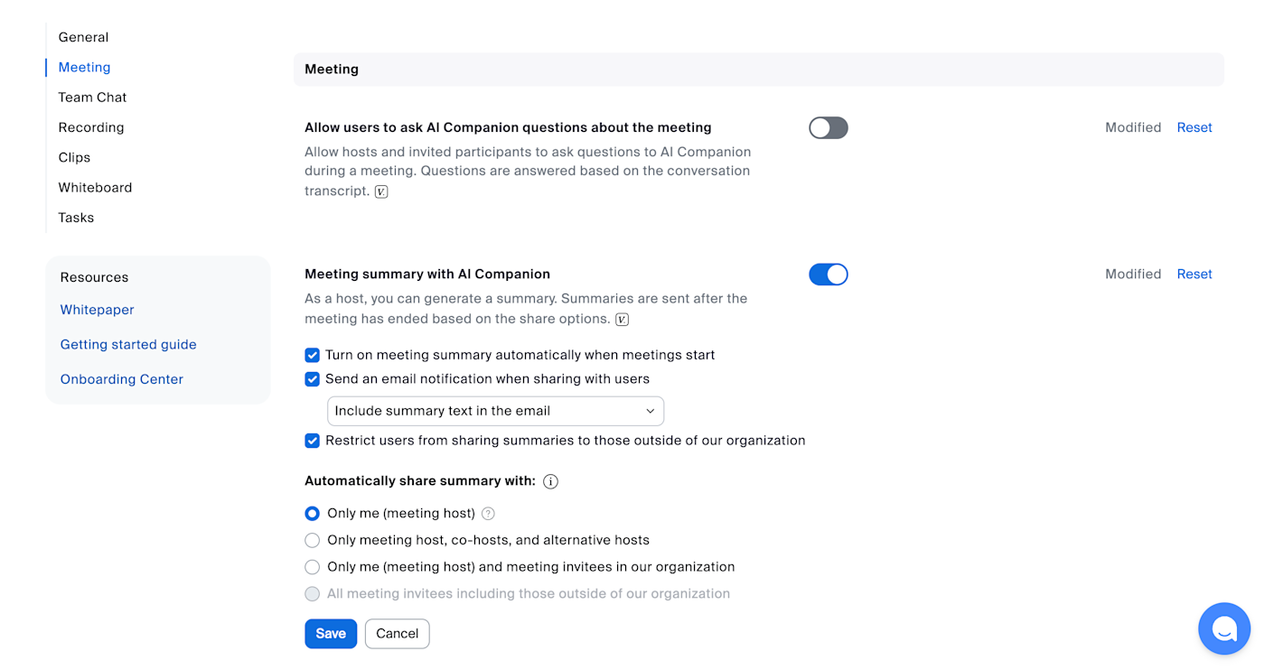 Zoom AI meeting companion settings. 