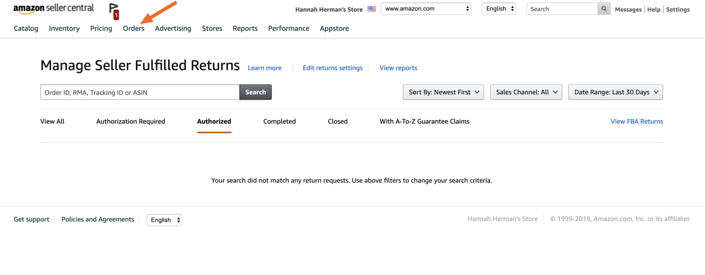 Manage Returns dashboard