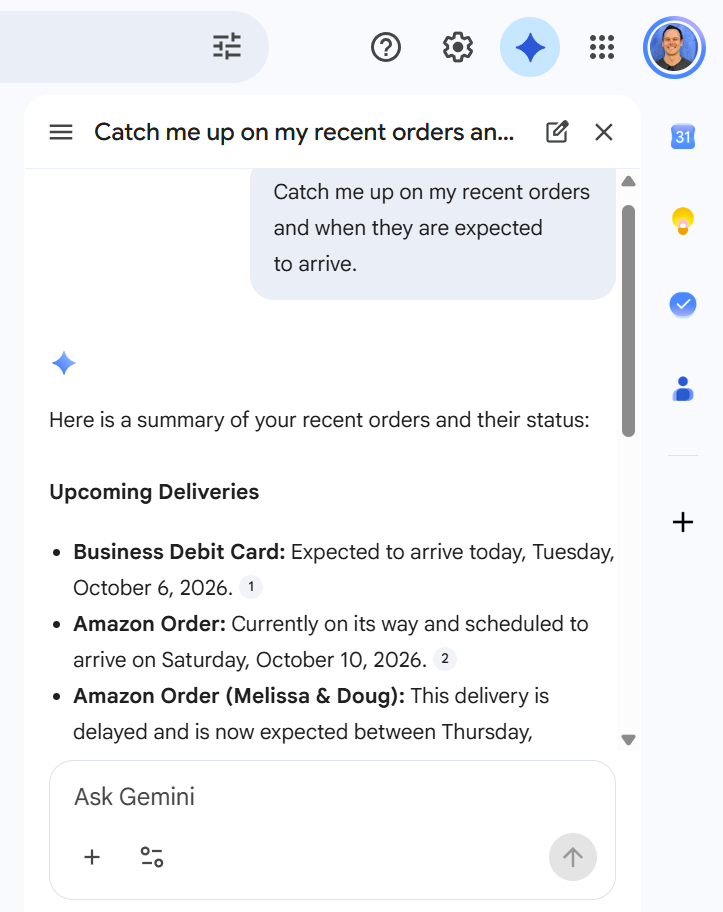 Asking Gmail a question through the Gemini in the Gmail sidebar