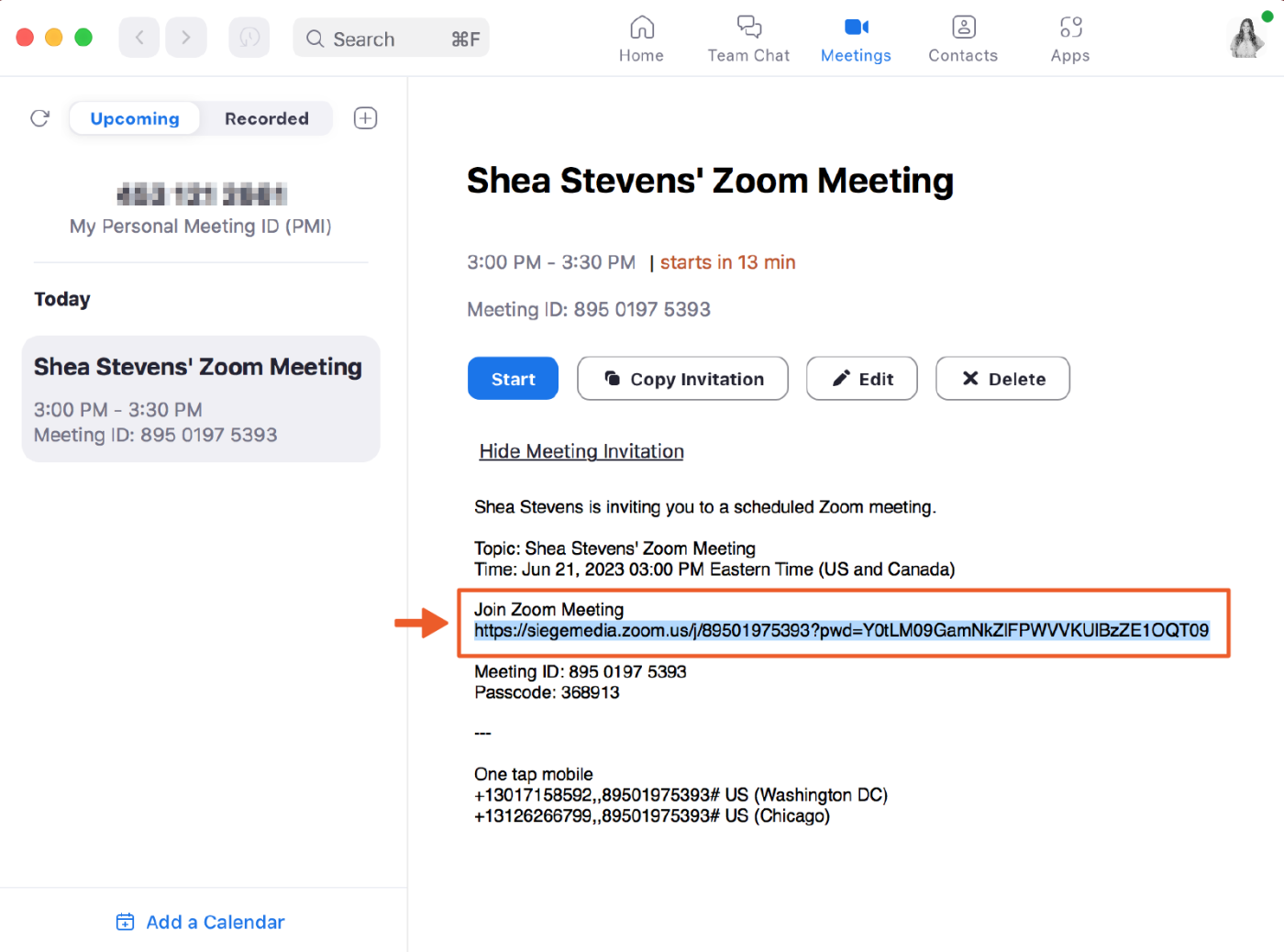 Screenshot of Zoom desktop version under the meetings tab with an arrow pointing to the link under "Join Zoom meeting." 