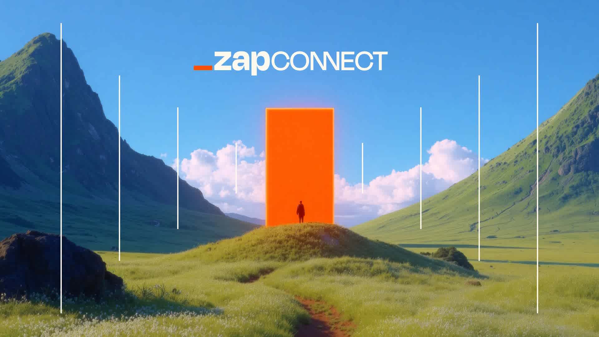 The ZapConnect 2025 primary imagery, a cinematic view of a shadow walking toward an orange rectangle