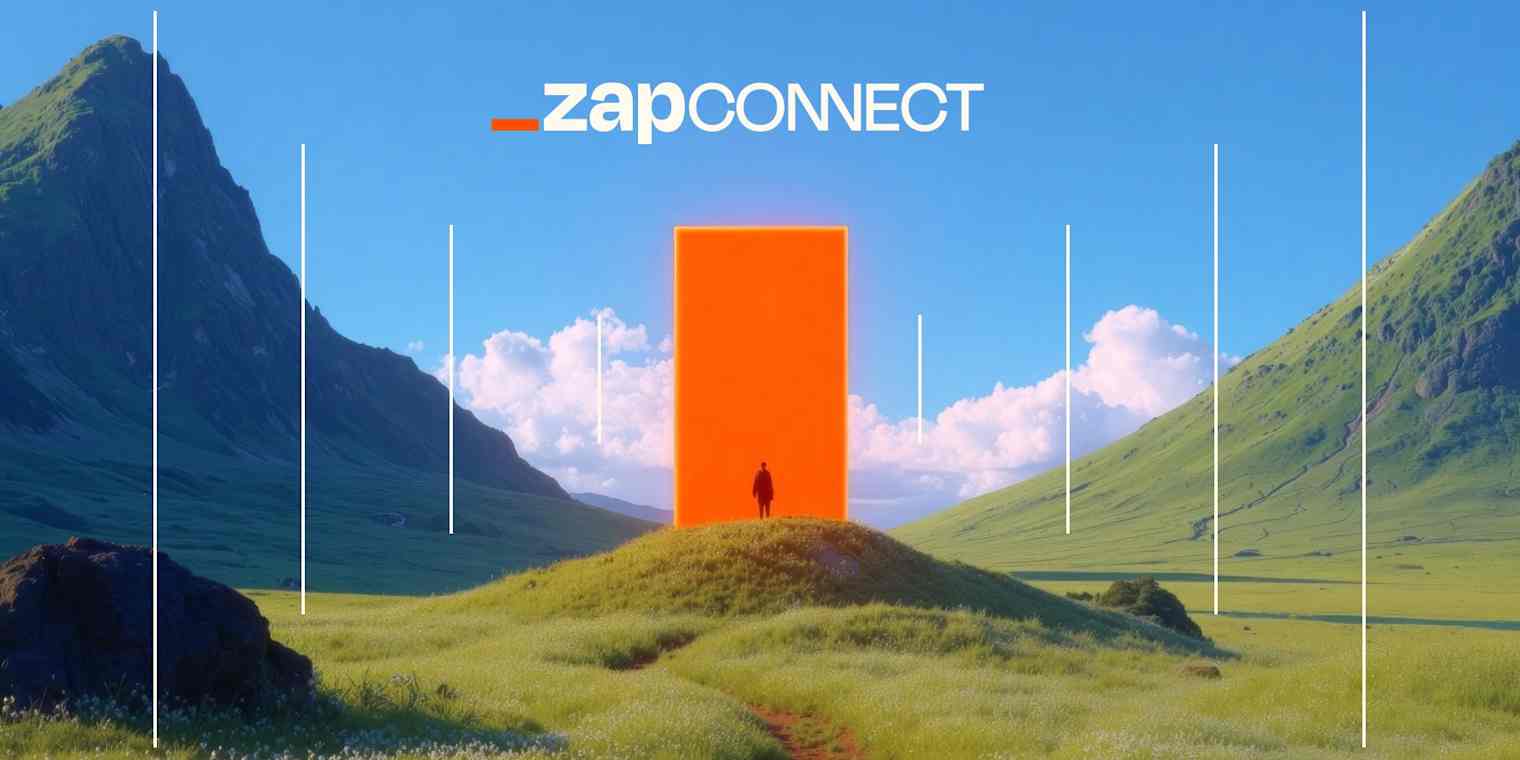 The ZapConnect 2025 primary imagery, a cinematic view of a shadow walking toward an orange rectangle