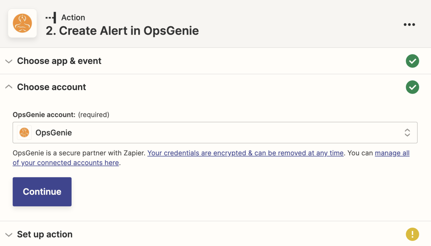 A screenshot of someone connecting their OpsGenie account to Zapier.