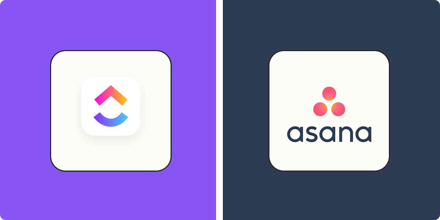 A hero image for app comparisons, with the ClickUp and Asana logos