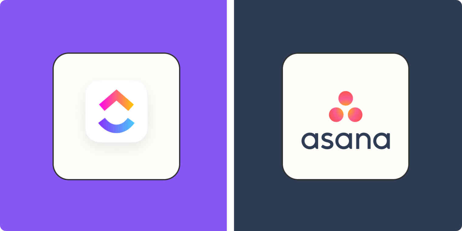 A hero image for app comparisons, with the ClickUp and Asana logos