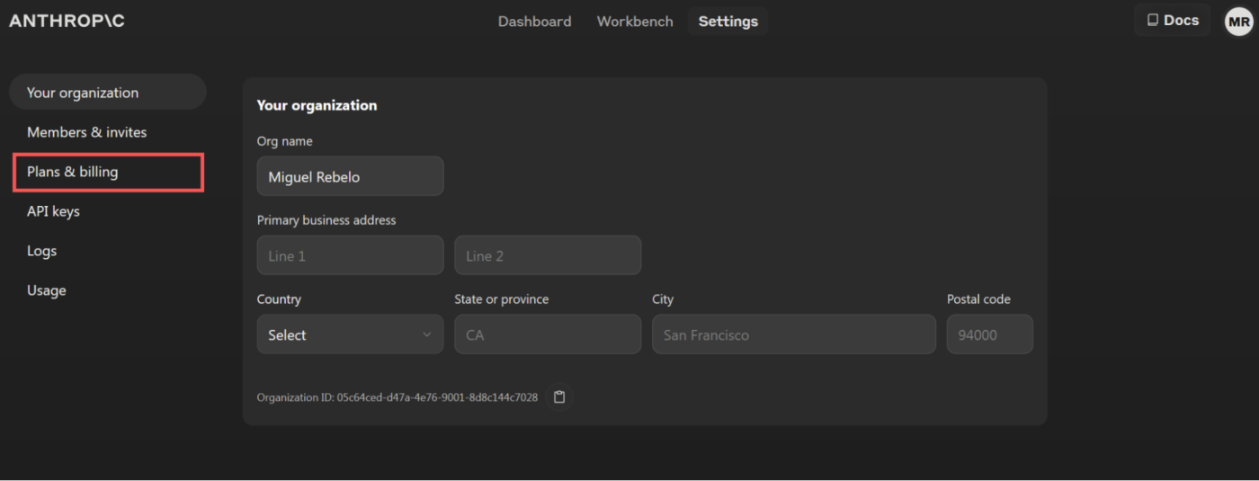 The Plans & billing option in the Claude API settings menu