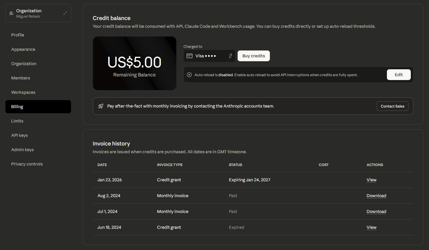 The Billing tab in the Claude API settings menu