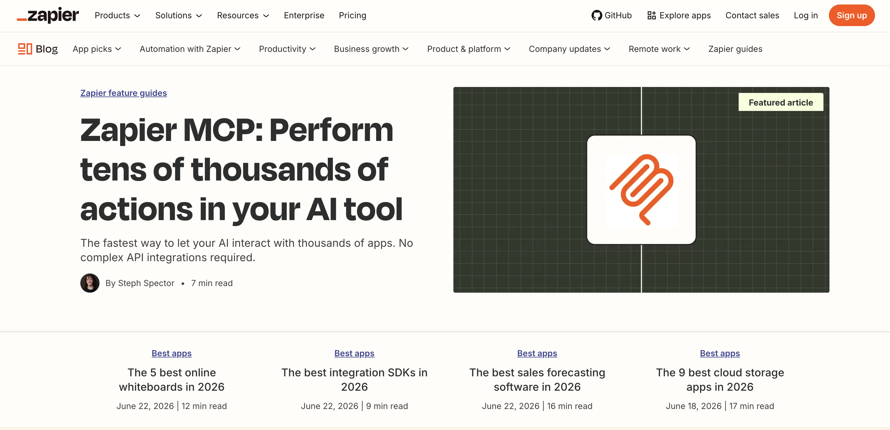 Screenshot of the Zapier blog with an MCP article on the top billing, with other blog post suggestions below.