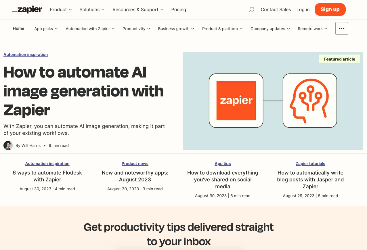 Screenshot of a Zapier blog titled "How to automate AI image generation with Zapier" with other blog post suggestions below