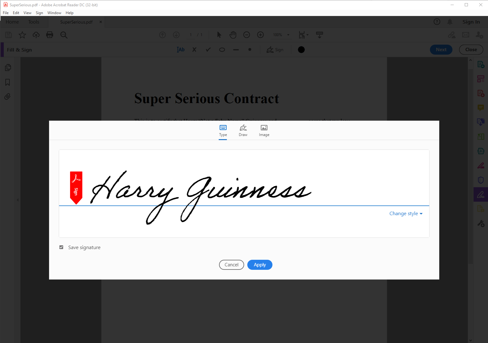 change signature font in adobe