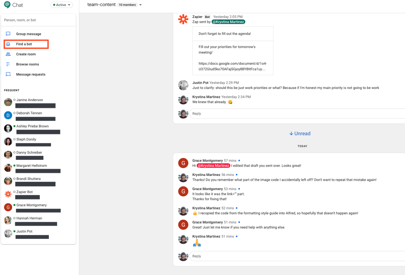 A screenshot of a typical Google Hangouts Chat room with menu options to the left to add users or bots.