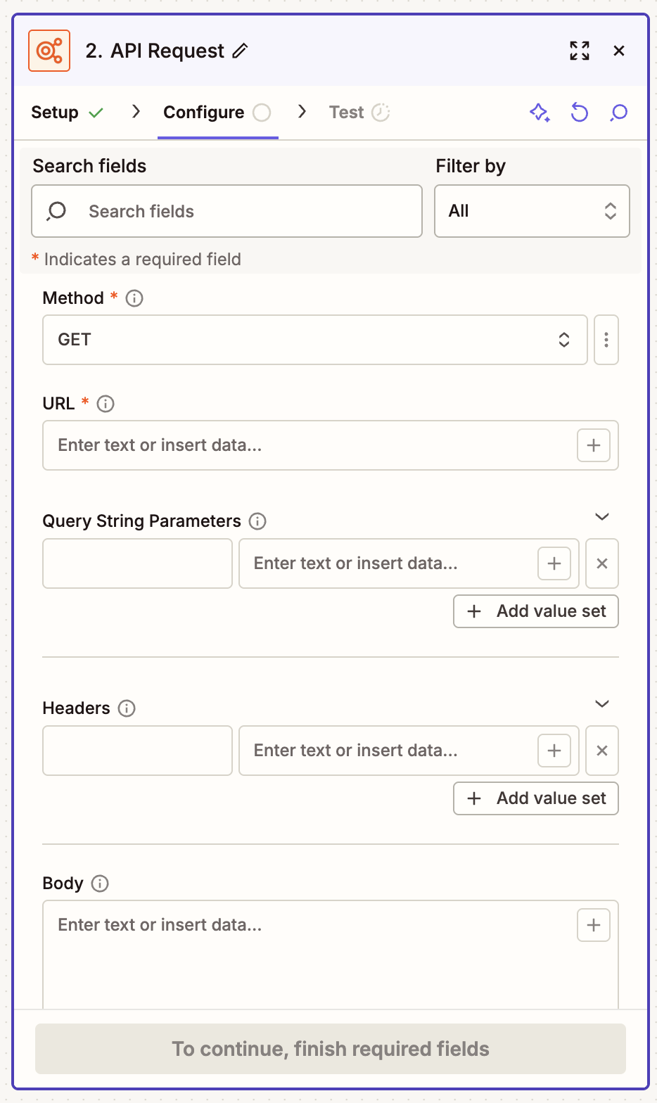 The configuration page for an API by Zapier action step