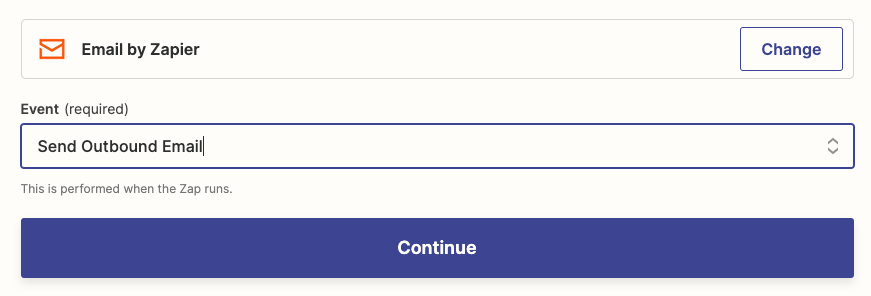 The Email by Zapier app logo is shown above a field labelled Event with "Send Outbound Email" selected from the dropdown.