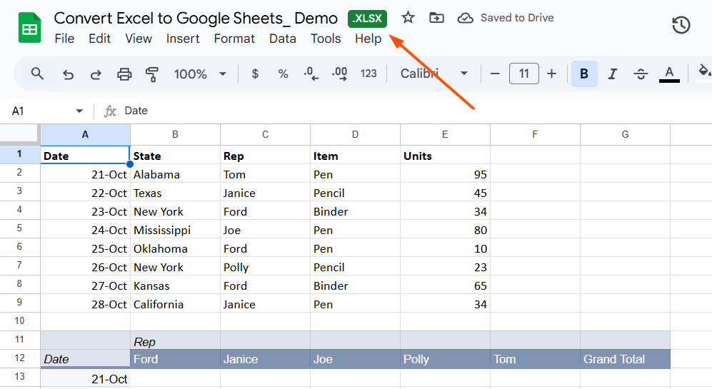 Screenshot of editing an Excel file in Sheets