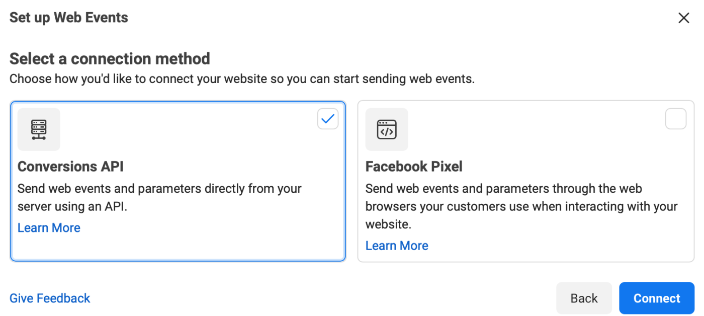 Two options for setup are shown: Conversions API and Facebook Pixel. Conversions API is selected.