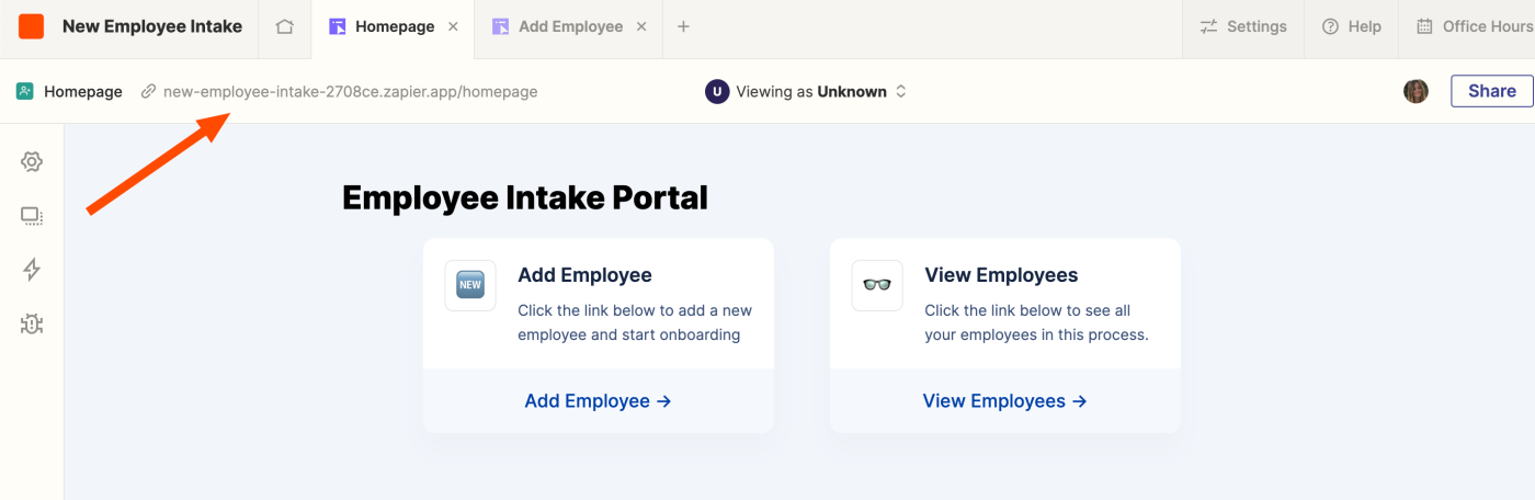 Screenshot of portal link