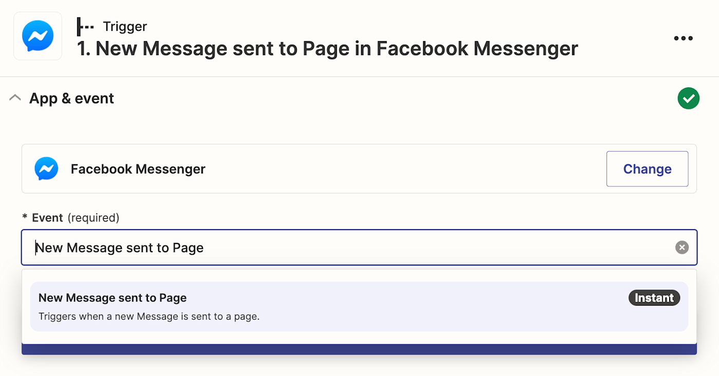 New Message sent to Page is shown selected in a trigger step in the Zap editor.