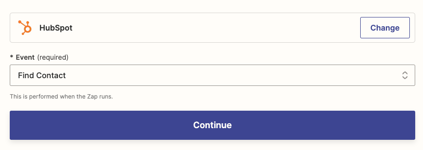 Select HubSpot and the Find Contact event for this Zap step.