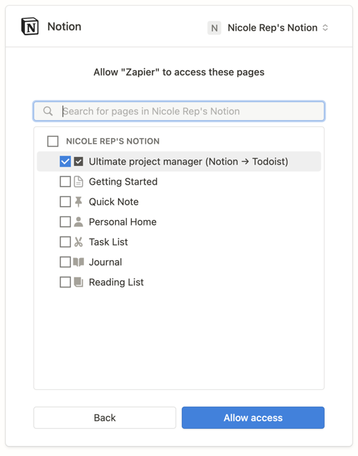 Screenshot of an authorization page giving Zapier access to the "Ultimate project manager" Notion page
