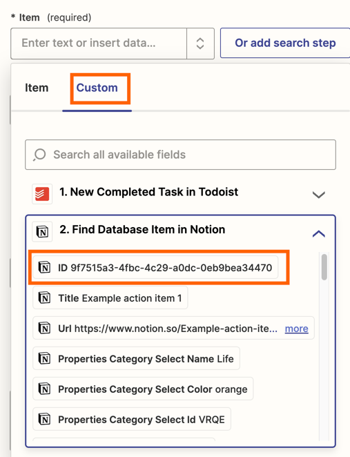 Screenshot of the Zap editor, with "Custom" and "ID" highlighted