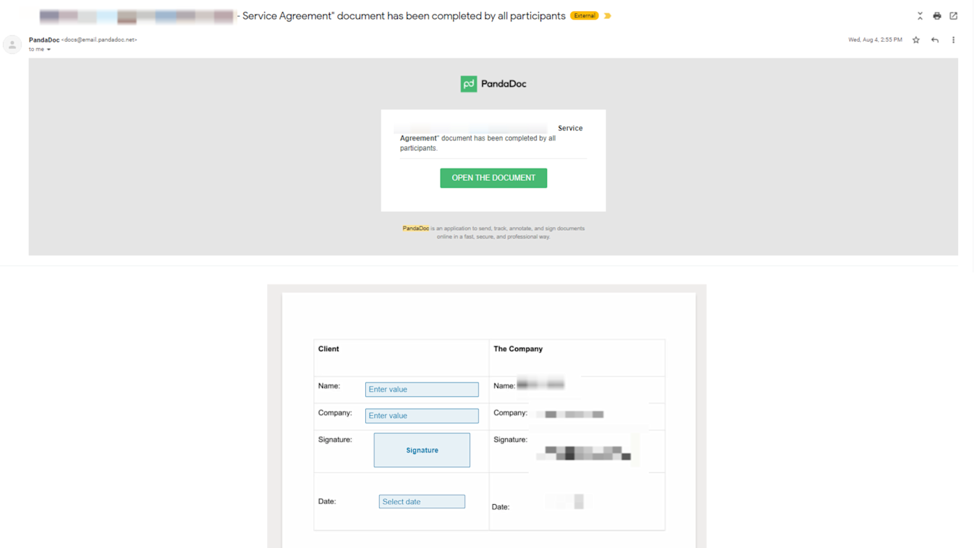A screenshot of an email from PandaDoc showing an agreement signed by participants.