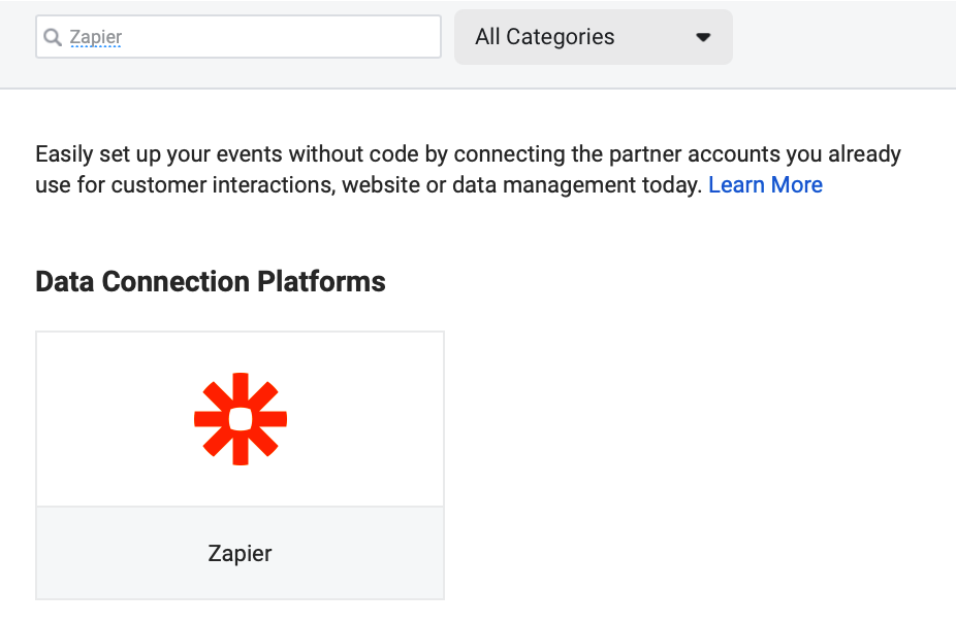 Search of the data connection platforms shows one result for "Zapier" under "All Categories"