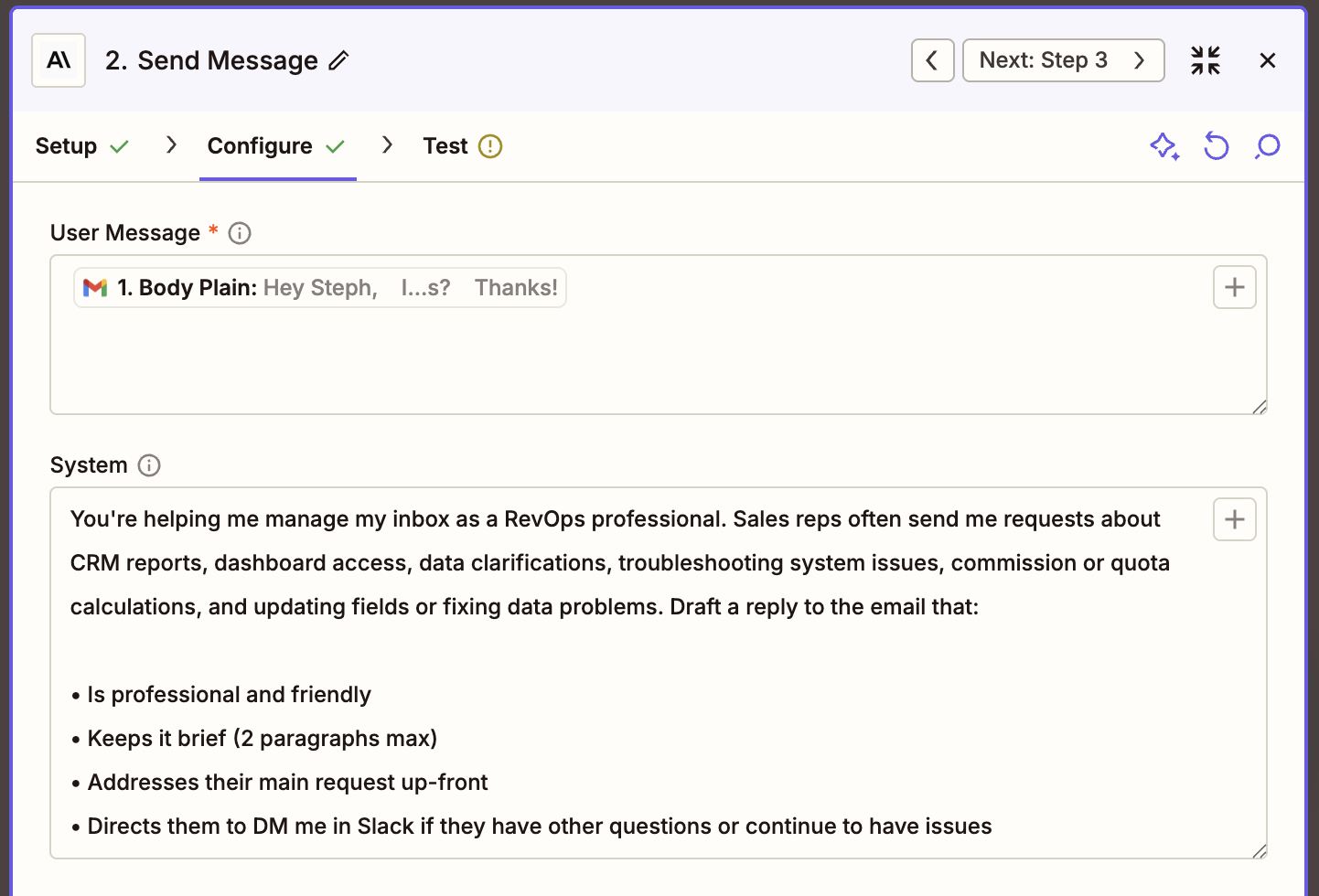 A window in the Zap editor with fields to enter a user message and "system," which contains a Claude prompt