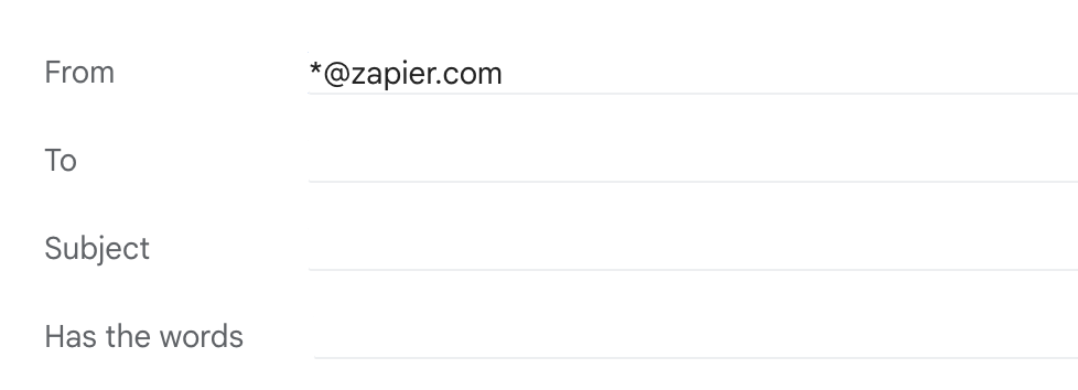 Portion of the first step of the create filter form in Gmail with the first four available fields displayed. Beside the field "from" is *@zapier.com.