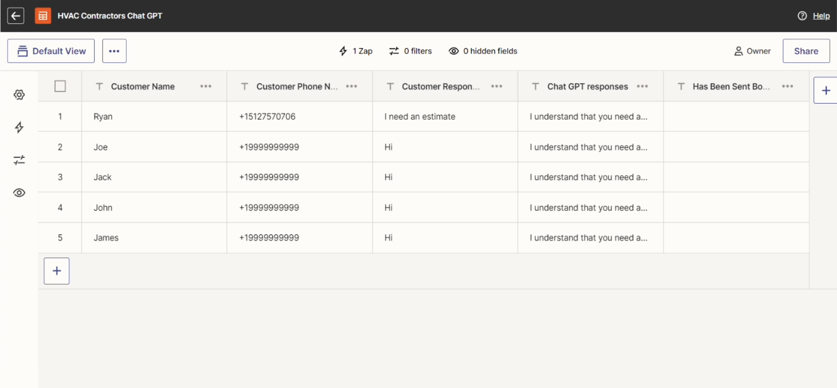 A screenshot of Results Grow's chatbot response database.