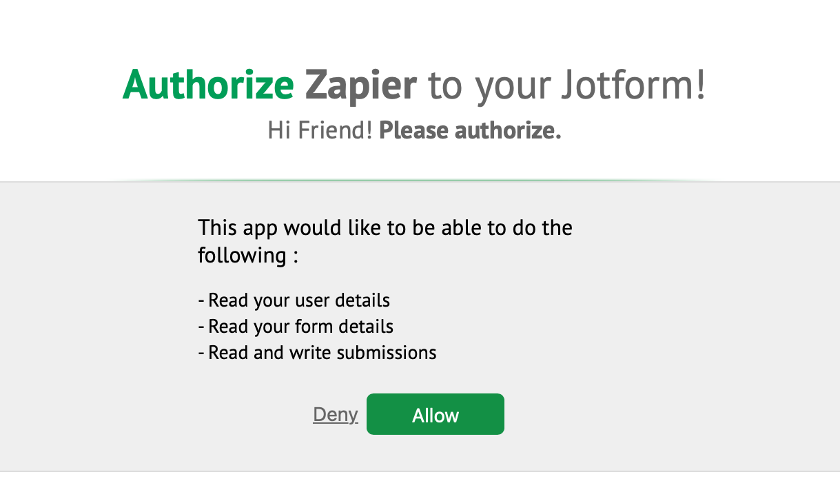 A popup asking to authorize Zapier to your Jotform.