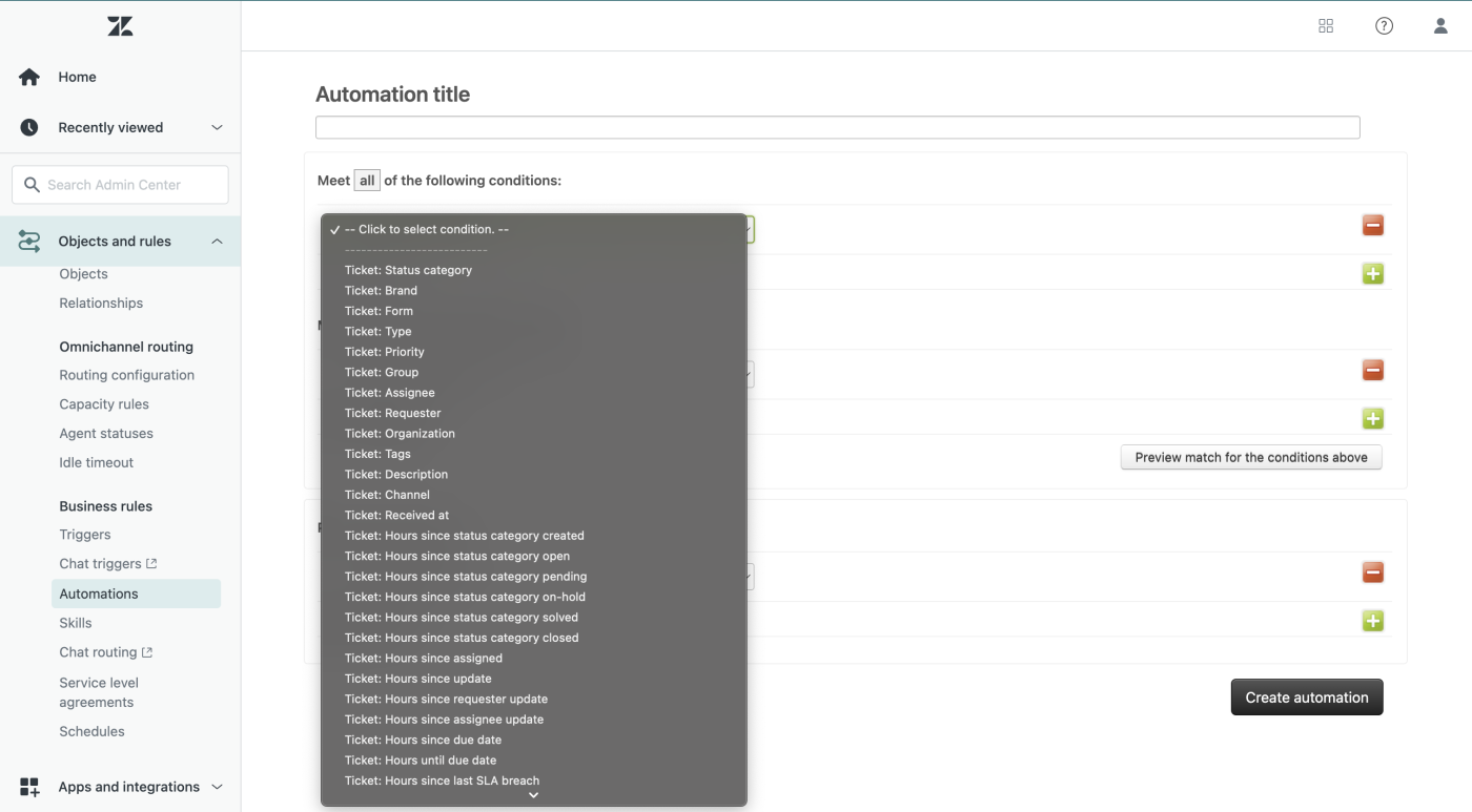 Screenshot of Zendesk's dropdown list of automation options.