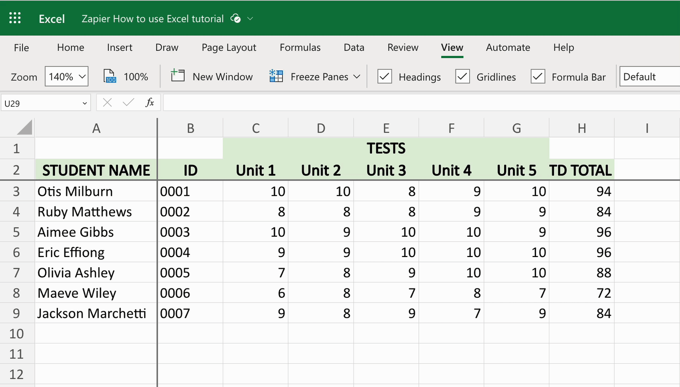 Demo of a person scrolling through an Excel spreadsheet with the top two rows and first column frozen.
