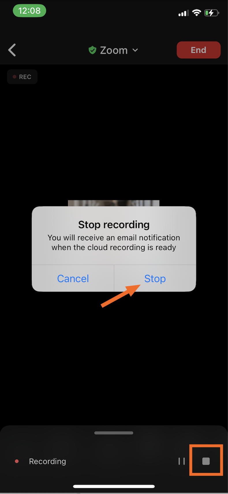 How to pause or stop recording a Zoom meeting in the mobile app. 