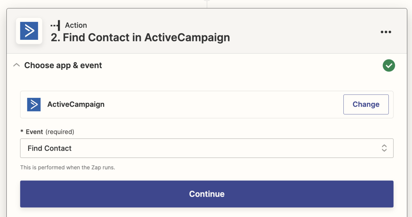 ActiveCampaign has been selected with Find Contact selected in the event field.