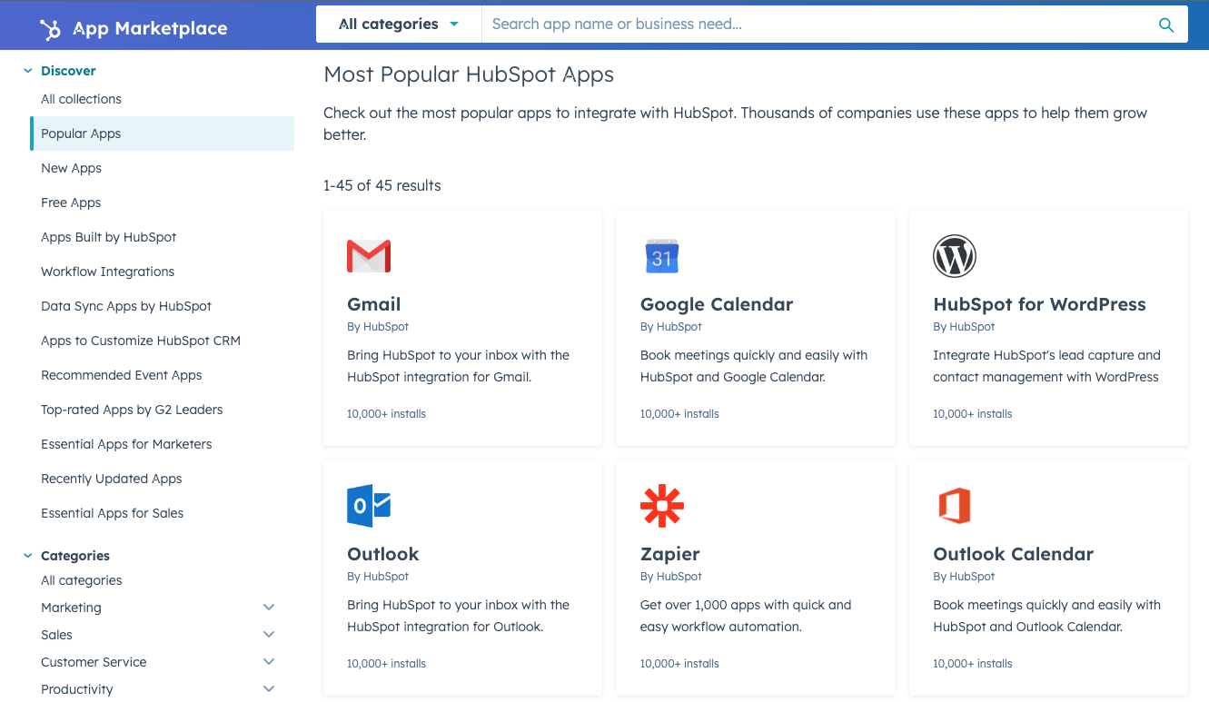 Screenshot of HubSpot's App Marketplace, showing popular apps like Gmail, Google calendar, Outlook, and Zapier