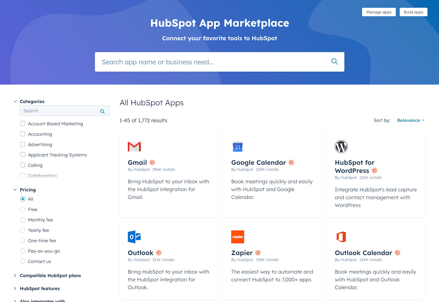 Screenshot of HubSpot's App Marketplace, showing popular apps like Gmail, Google calendar, Outlook, and Zapier