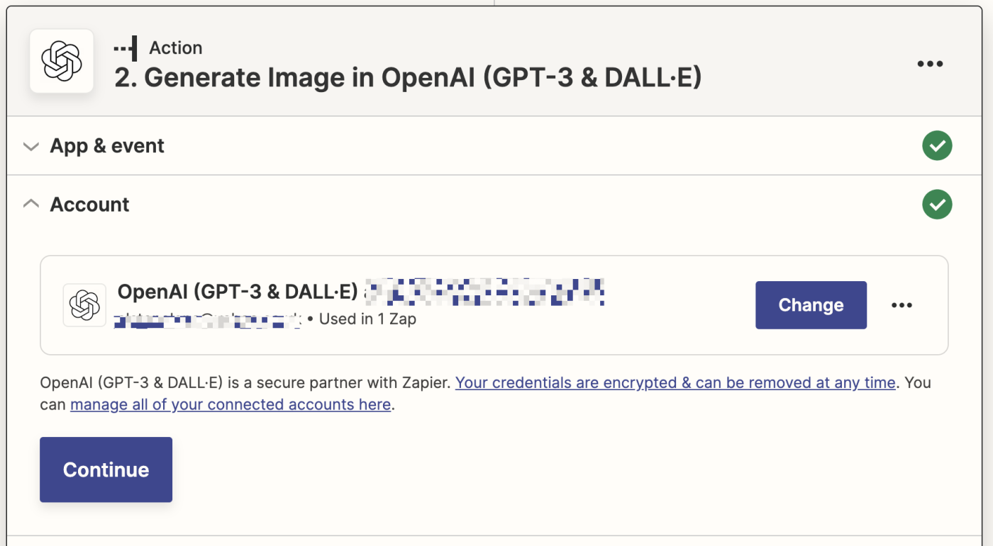 Screenshot of OpenAI account setup in the Zap editor