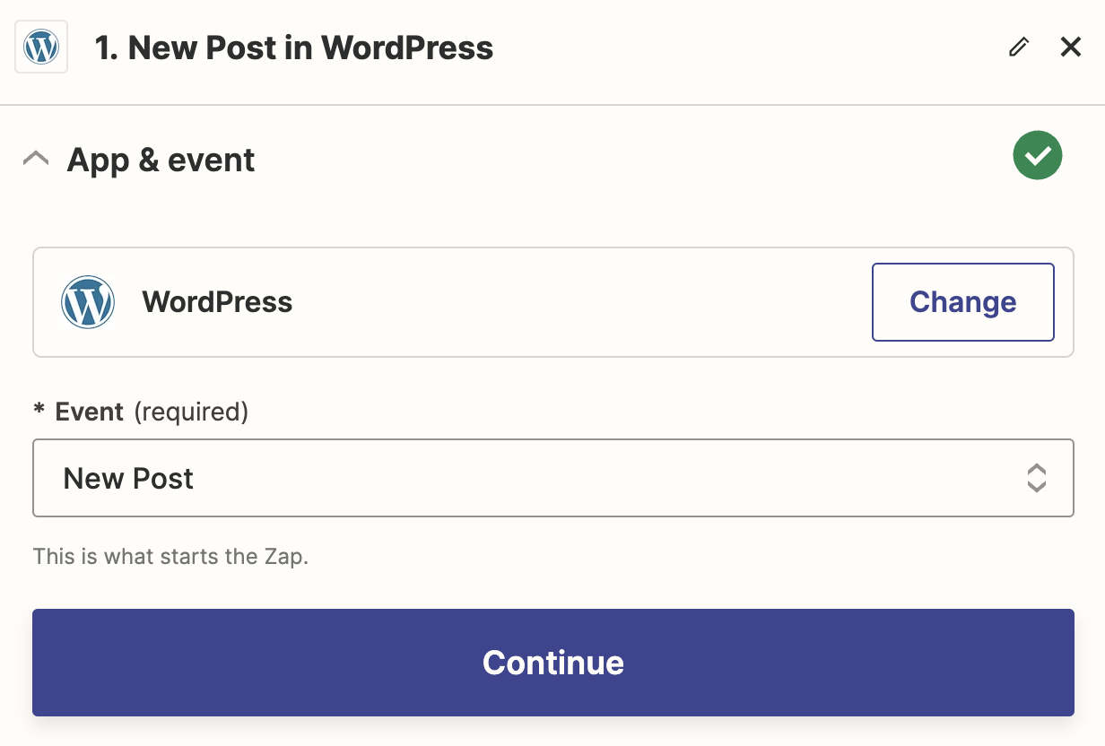 WordPress' New Post trigger selected in the Zap editor.