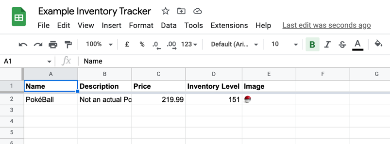 A Google Sheets spreadsheet with sample data successfully added to the sheet.