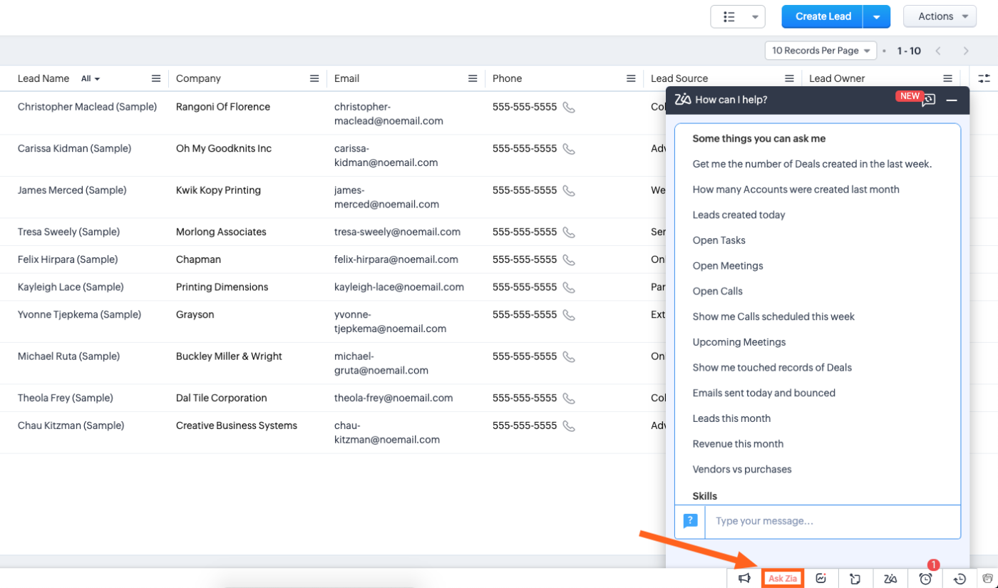 Screenshot of Zoho's Zia AI function, showing the window where you can ask Zia questions in the bottom right corner 