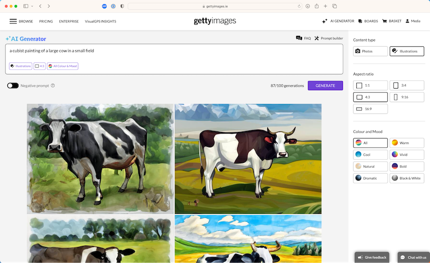 Getty Images' attempt at "a cubist painting of a cow in a small field"
