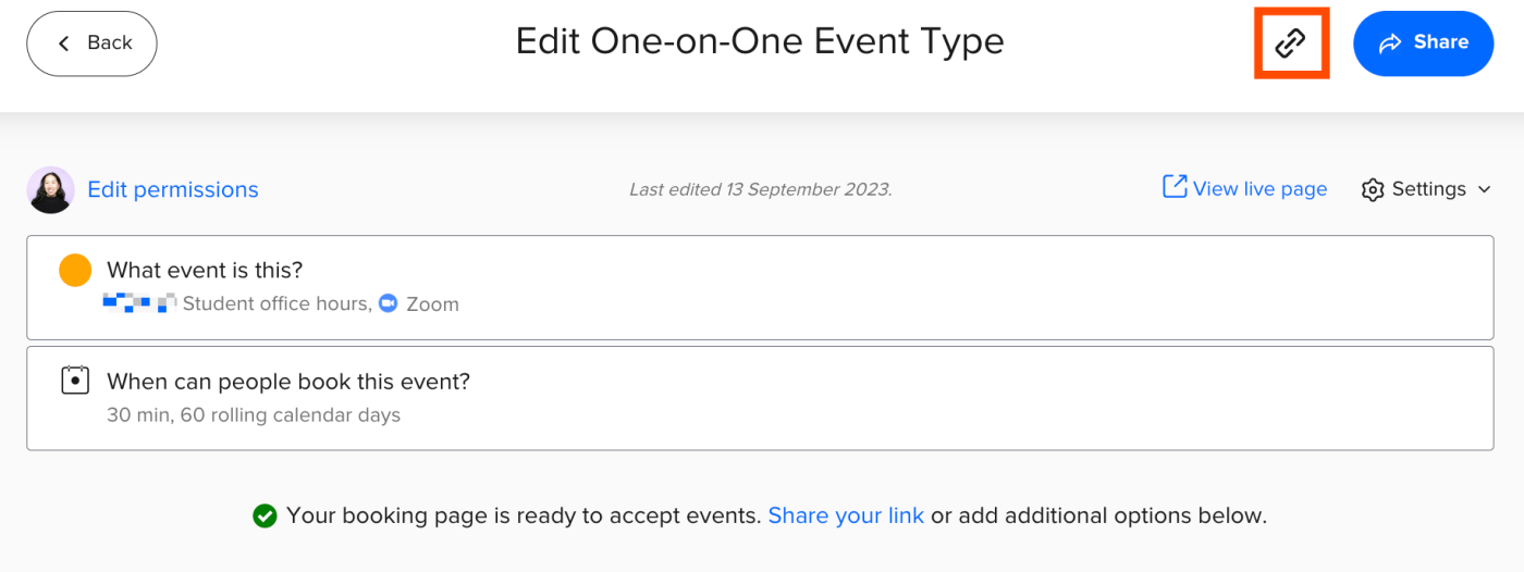 How to copy the booking page link for a one-on-one event type in Calendly immediately after the event type has been created.