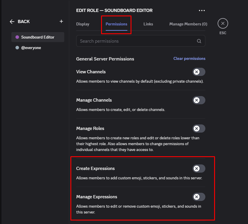 Discord role permissions settings page. 