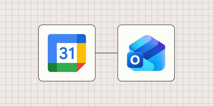 Google Calendar and Outlook app logos against a beige, checkered background.
