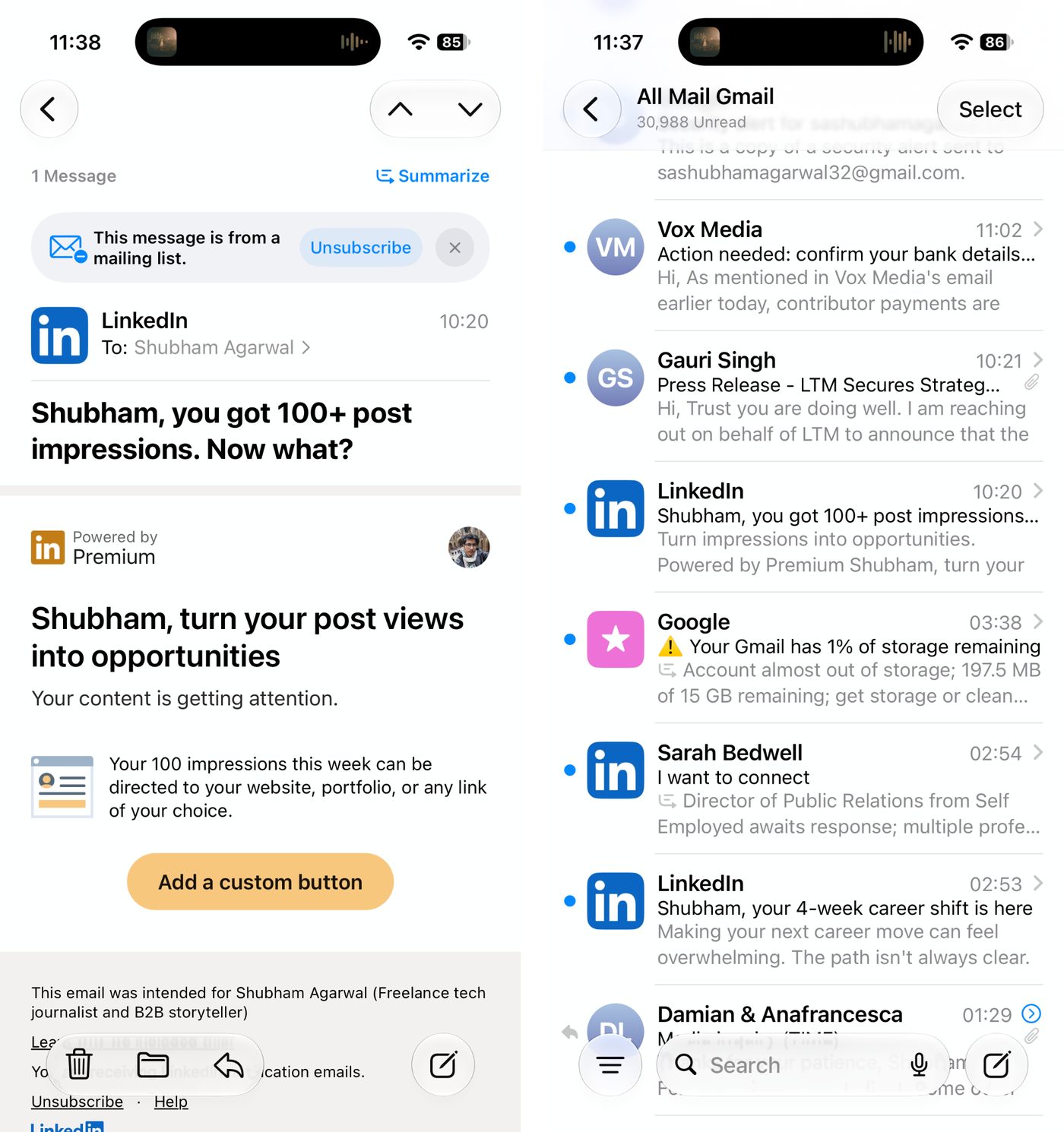Apple Mail and Gmail email views on iPhone side by side