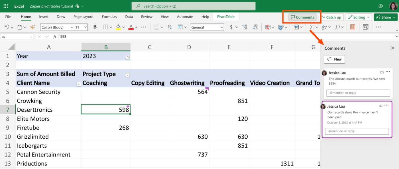 How to view all comments in a spreadsheet.